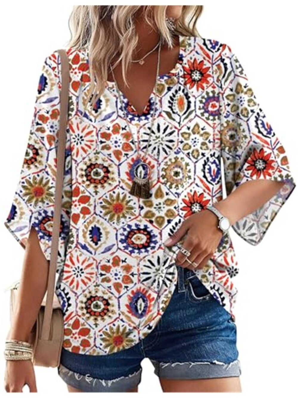 Womens Boho Floral Tunic Top 3/4 Sleeve V Neck Loose Fit Peasant Blouse